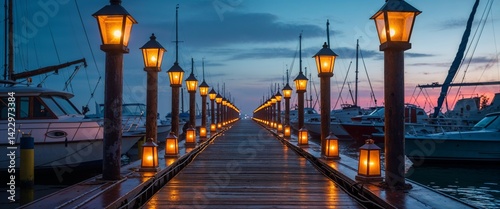 Quiet docks with lantern lit boats wide angle panoramic view horizontal symmetric background
