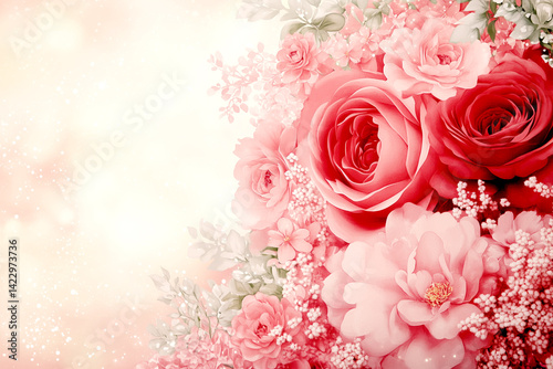 Bouquet of red roses is the main focus of the image. The flowers are arranged in a way that creates a sense of harmony and balance. The pink color of the roses adds a touch of elegance