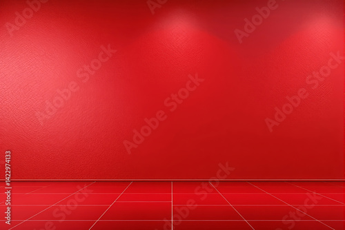 Empty red room with smooth tiled floor, textured wall and warm spotlights, minimal interior concept on seamless background. Ai generative