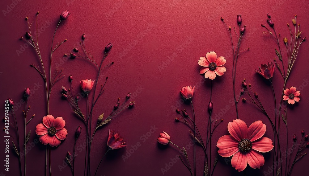 Fototapeta premium Vibrant Red Flowers Against Deep Burgundy Background: Symmetrical Arrangement. A series of red flowers on a deep red background.