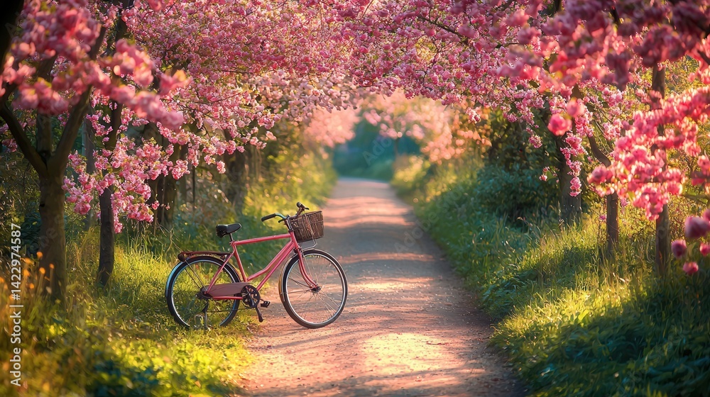 Fototapeta premium vintage bicycle resting near a path lined with blooming trees, spring sunshine and peaceful setting