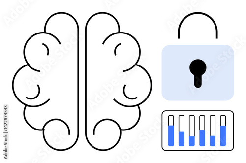 Minimalist brain outline beside locked padlock and control panel with bars. Ideal for mental health, cybersecurity, technology, data safety, privacy, encryption, simple landing page