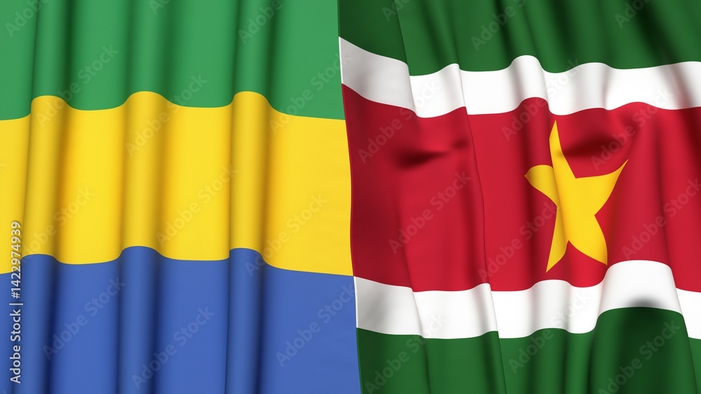 Fototapeta premium Flags of GABON and SURINAME with realistic cloth texture