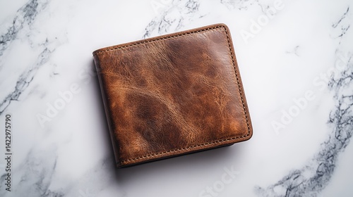 A top-down view of a leather wallet placed on a white marble surface, illuminated by soft diffused lighting to highlight the texture and richness of the material