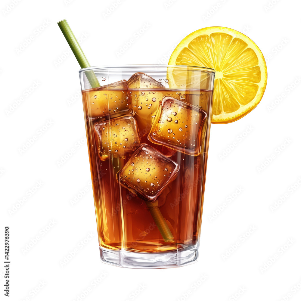 Refreshing iced tea with lemon slice illustration over simple black background Refreshing iced tea with lemon slice illustration over simple black background