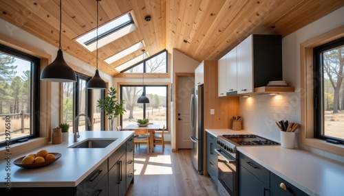 Accessory dwelling unit concept. Modern kitchen design with wooden accents and large windows for natural light. photo