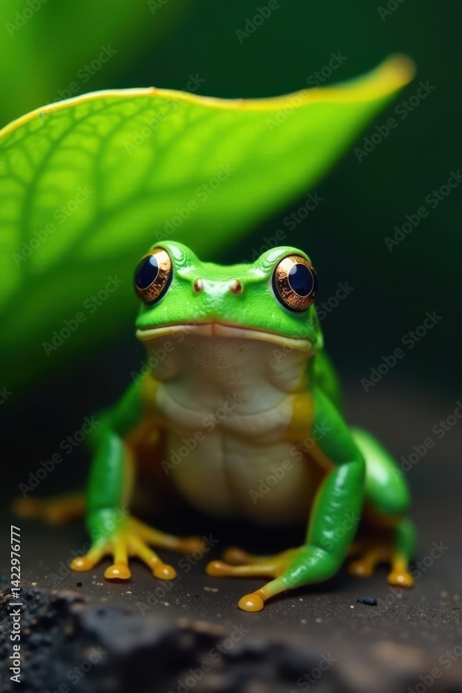 Obraz premium Frog sitting under a leaf, forest, frog