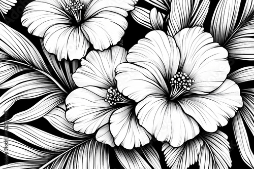 Black and white drawing of a flower with a leaf. The drawing has a very detailed and intricate look to it, with the flower and leaf appearing almost three-dimensional