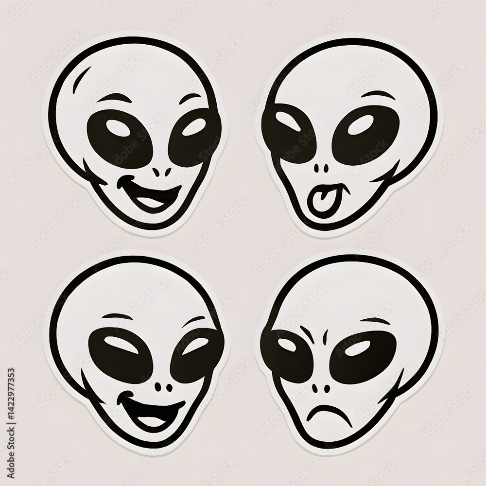 Unique alien stickers displaying different facial expressions and emotions in a playful design Unique alien stickers displaying different facial expressions and emotions in a playful design