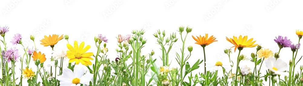 Obraz premium Vibrant wildflowers bloom along a roadside against a pure white backdrop for website use