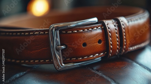 A close-up of a leather belt with a polished silver buckle, illuminated by soft natural light to enhance the rich texture and smoothness of the leather