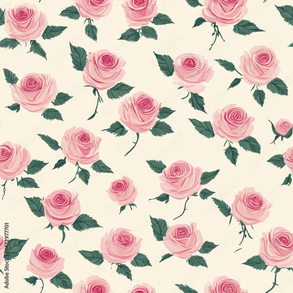 Seamless Floral Pattern Featuring Mini Pink Roses with Green Leaves on Light Beige Background Seamless Floral Pattern Featuring Mini Pink Roses with Green Leaves on Light Beige Background