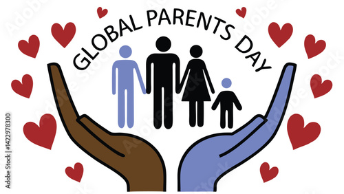 Colorful Stick Figure Family on Two Hands with Hearts Global Parents Day