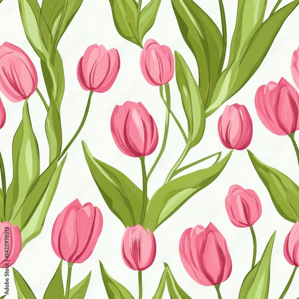 Obraz premium Seamless Pattern Featuring Mini Pink Tulips and Green Leaves on Soft White Background