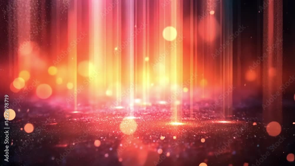 Vibrant light droplets fall elegantly, creating a mesmerizing atmosphere filled with color and energy in a mystical setting