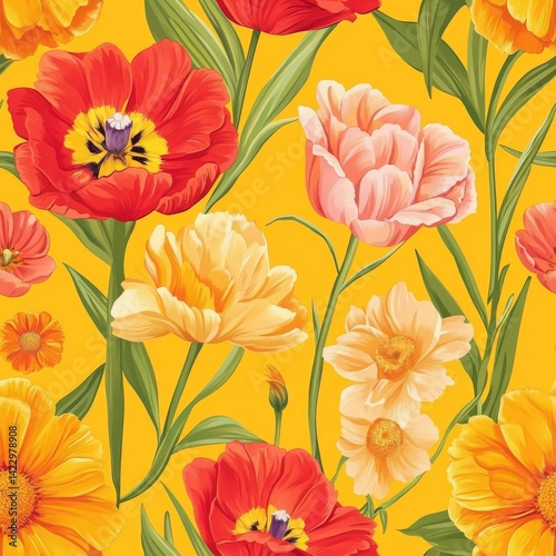 Wallpaper Mural Vibrant Seamless Floral Pattern Featuring Marigolds and Tulips on a Bright Yellow Background Torontodigital.ca
