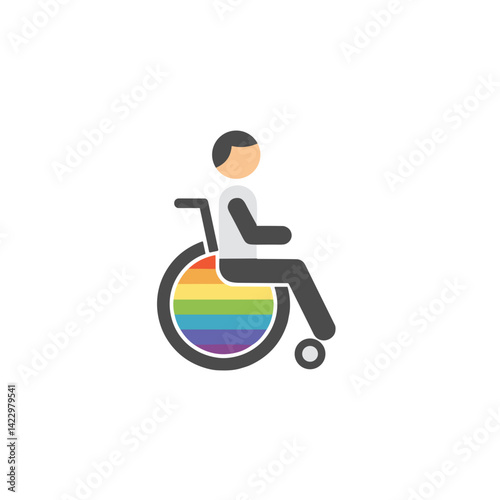Wheelchair user with rainbow wheel symbolizing inclusivity  