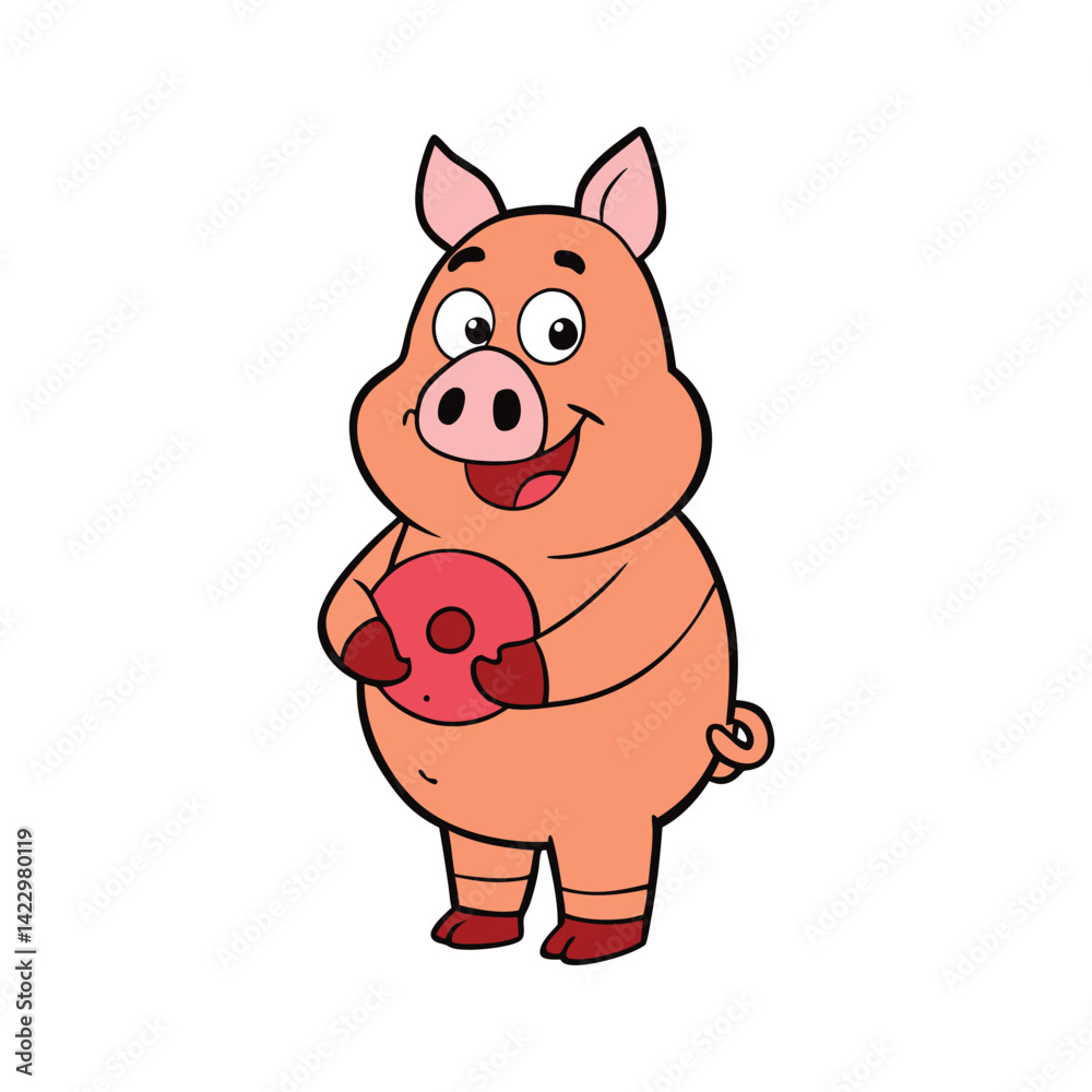 Naklejka premium pig cartoon character mascot holding a donut