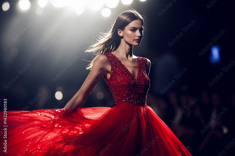 Elegant fashion model in flowing red dress on runway