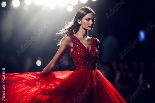Obraz na płótnie Elegant fashion model in flowing red dress on runway w salonie