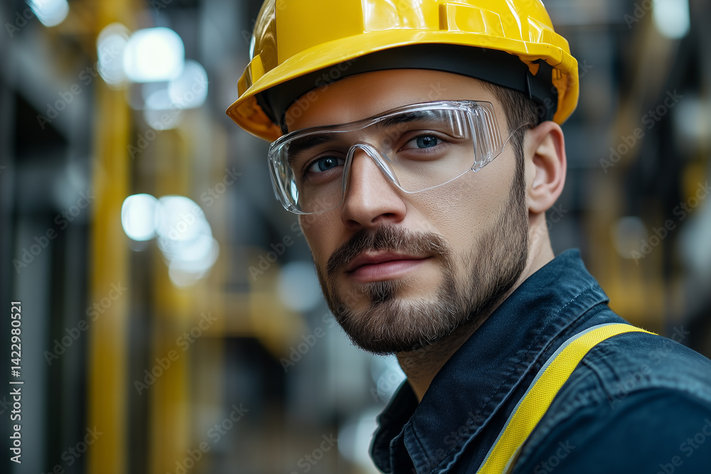 Close-up Portrait of Male Engineer in Safety Gear at Industrial Site