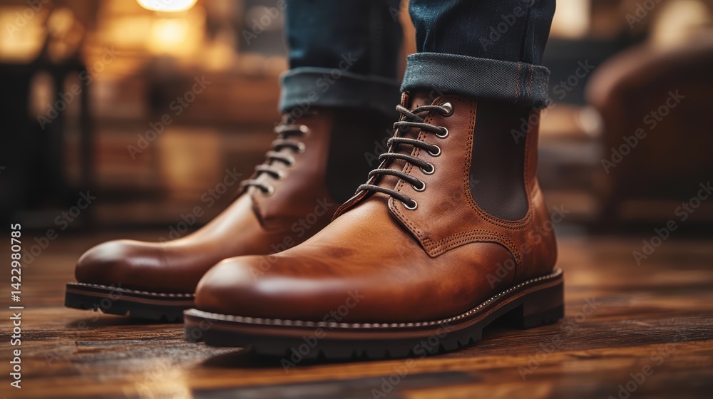 A close-up of a pair of leather boots with a matte finish, illuminated by soft diffused light to highlight their sleek design and high-quality leather texture A close-up of a pair of leather boots with a matte finish, illuminated by soft diffused light to highlight their sleek design and high-quality leather texture