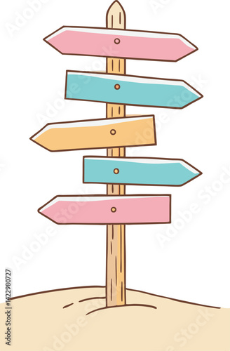 Cartoon Vector Illustration of a Multi-Directional Signpost with Arrows — Colorful Navigation and Travel Guide Clipart in Flat Style for Map, Direction, and Tourism Design Projects