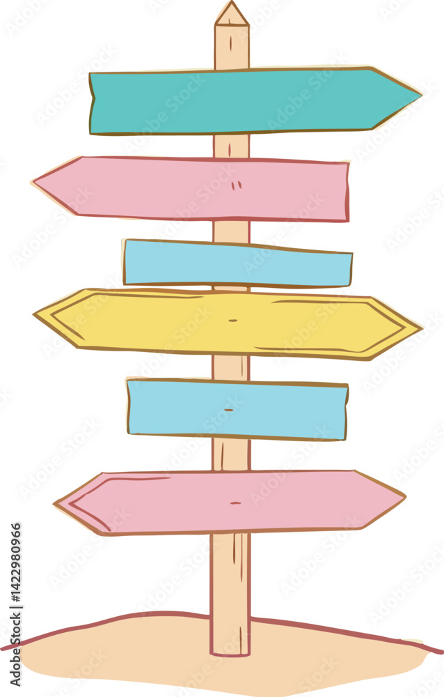 Cartoon Vector Illustration of a Multi-Directional Signpost with Arrows — Colorful Navigation and Travel Guide Clipart in Flat Style for Map, Direction, and Tourism Design Projects Cartoon Vector Illustration of a Multi-Directional Signpost with Arrows — Colorful Navigation and Travel Guide Clipart in Flat Style for Map, Direction, and Tourism Design Projects
