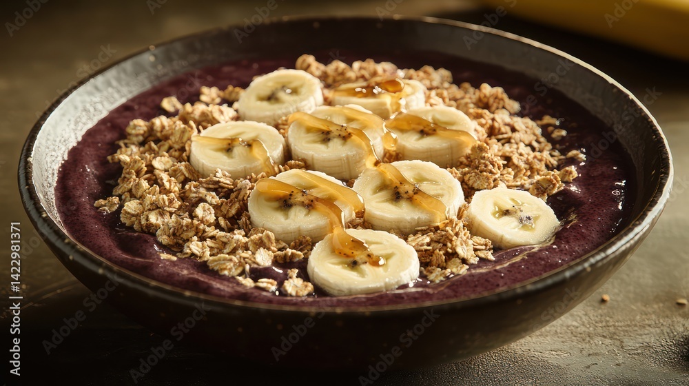 A beautifully presented smoothie bowl with blended acai topped with banana slices granola and a drizzle of honey textures A beautifully presented smoothie bowl with blended acai topped with banana slices granola and a drizzle of honey textures