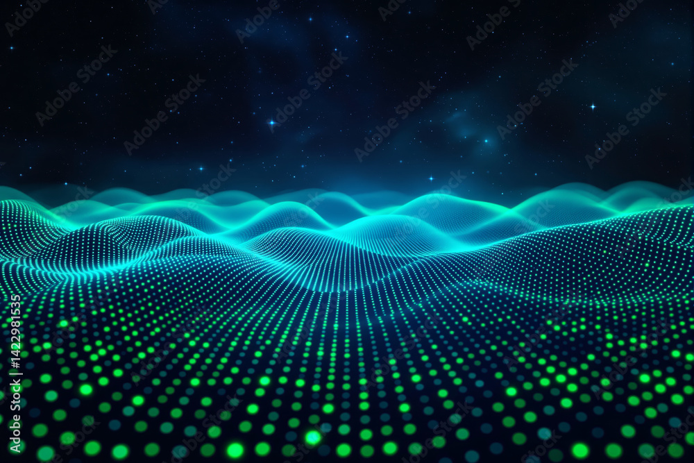 Digital glowing grid waves in blue and green tones, futuristic graphic style, starry night background, concept of data, cyberspace, and technology. Ai generative