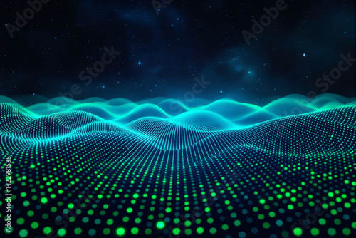 Obraz na płótnie Digital glowing grid waves in blue and green tones, futuristic graphic style, starry night background, concept of data, cyberspace, and technology. Ai generative w salonie