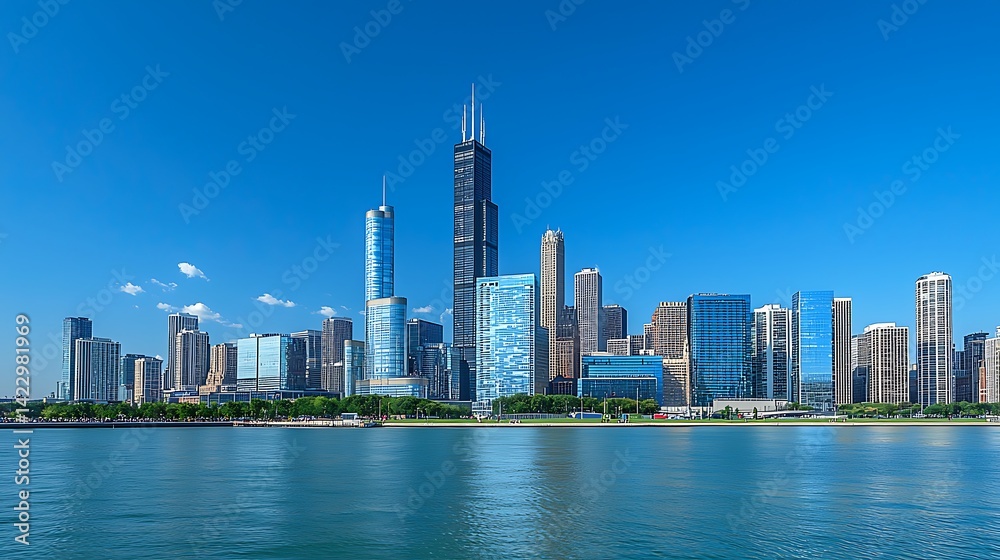 Obraz premium Chicago's iconic skyline shimmers against a vast azure sky on a tranquil day