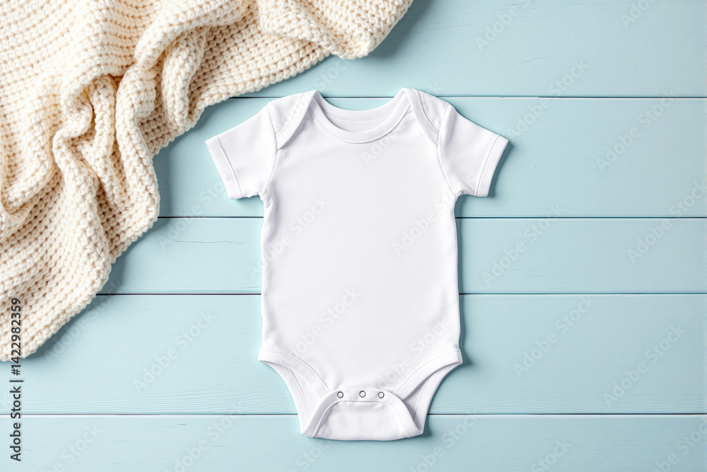 White baby onesie with short sleeves on light blue wooden background next to a knitted cream blanket, cozy infant clothing concept. Ai generative