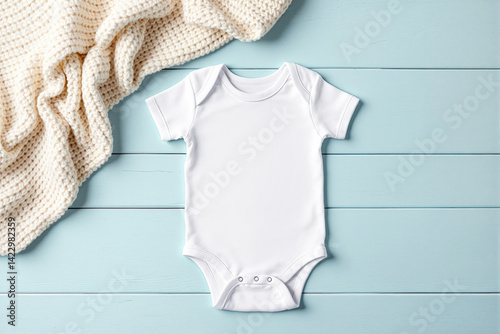 Obraz na płótnie White baby onesie with short sleeves on light blue wooden background next to a knitted cream blanket, cozy infant clothing concept. Ai generative w salonie