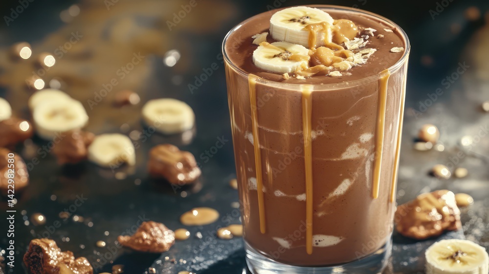 A chocolate and banana smoothie in a classic milkshake glass with a drizzle of peanut butter on the sides capturing indulgence and health A chocolate and banana smoothie in a classic milkshake glass with a drizzle of peanut butter on the sides capturing indulgence and health