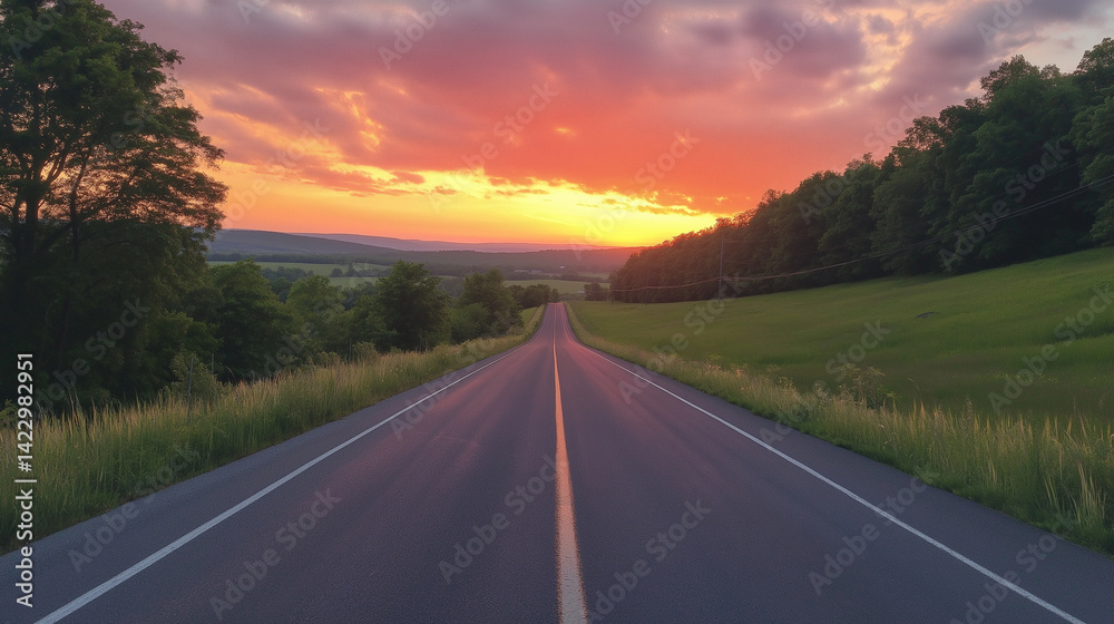 Naklejka premium Scenic Sunset Road with Lush Green Trees and Rolling Hills in Summer