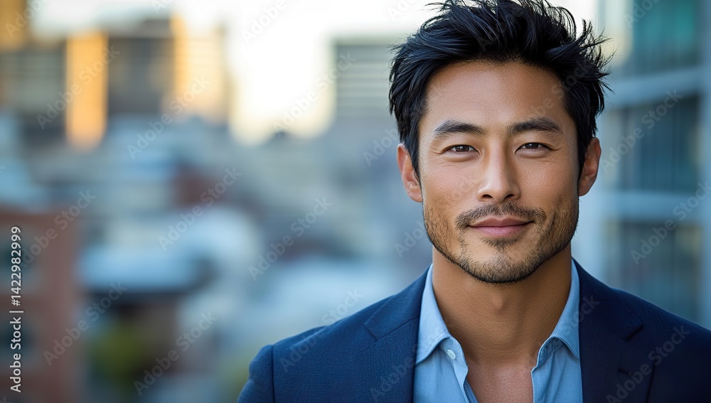 Handsome Young Asian Man in Blue Suit and Tie Smiling, Modern City Street Background with Bokeh Effect, Soft Lighting, High-Resolution Photography, Cinematography, Emotional Expression, Handsome Young Asian Man in Blue Suit and Tie Smiling, Modern City Street Background with Bokeh Effect, Soft Lighting, High-Resolution Photography, Cinematography, Emotional Expression,