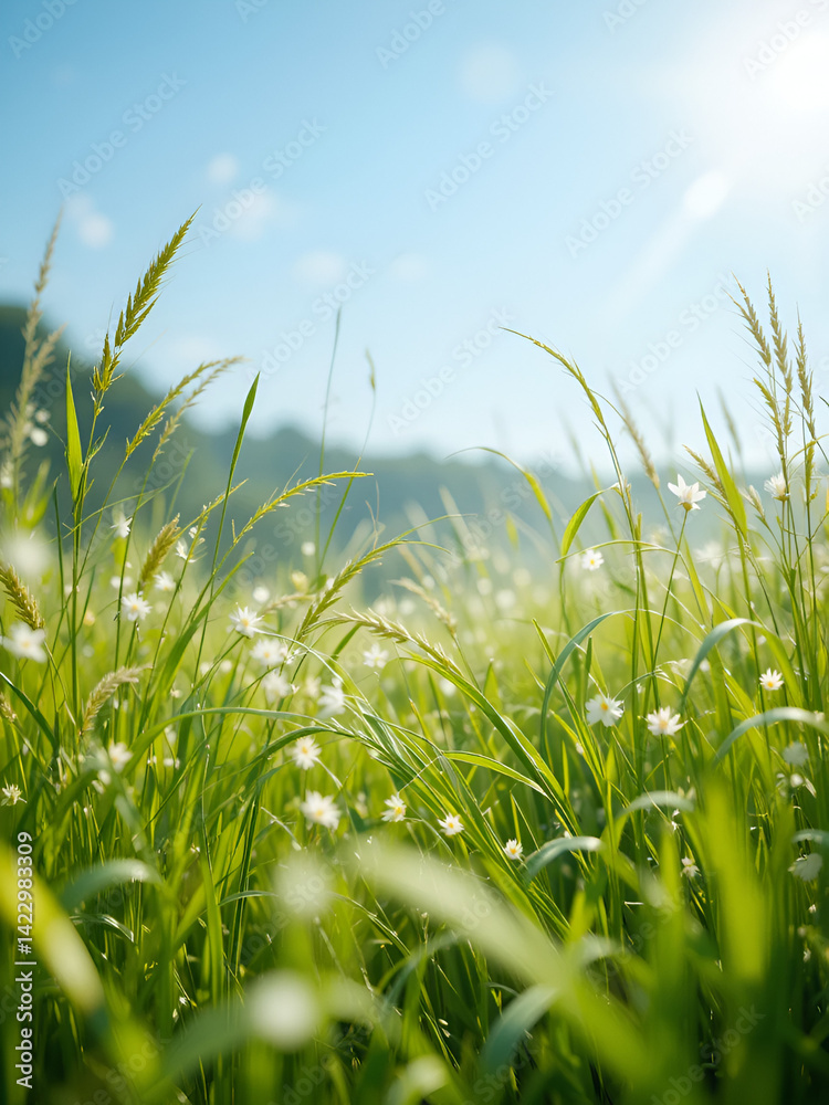 Fototapeta premium Meadow grass sway from side to side in gusts of fresh breeze, Bright greens playing under sun
