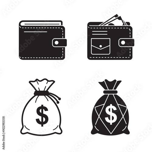 Leather wallet money bag silhouette 4 set design useful for financial business icon collection payment processing secure digital finance mobile wallet and cash transaction branding
