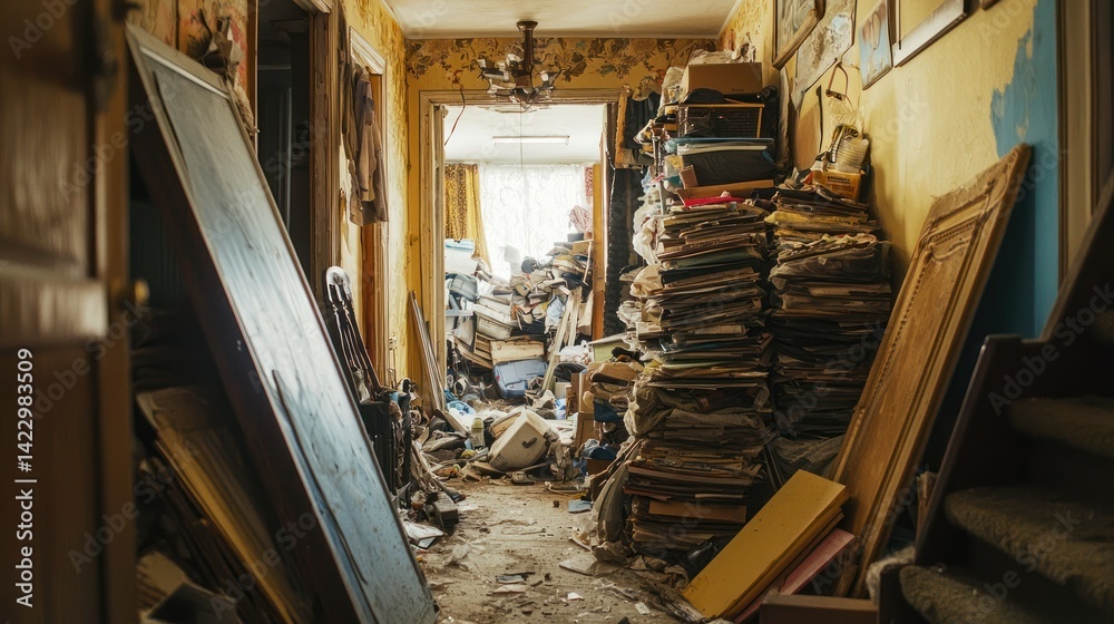 Naklejka premium A hallway filled with stacks of items and old belongings, illustrating a severe hoarding situation in a home.