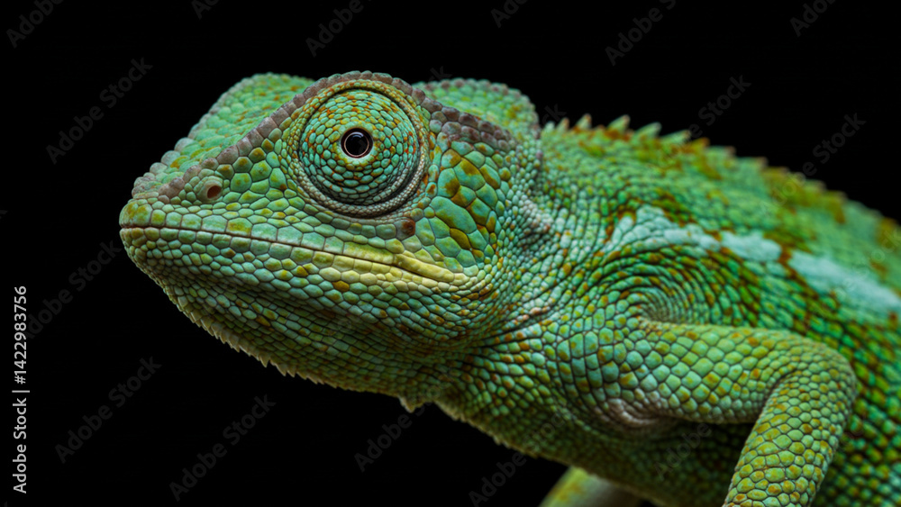 Fototapeta premium A strikingly colorful chameleon lizard displayed on a black surface