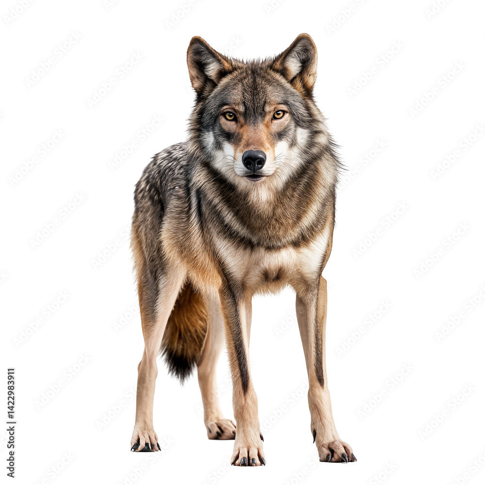 Confident wolf standing with sharp focus isolated on transparent background Confident wolf standing with sharp focus isolated on transparent background