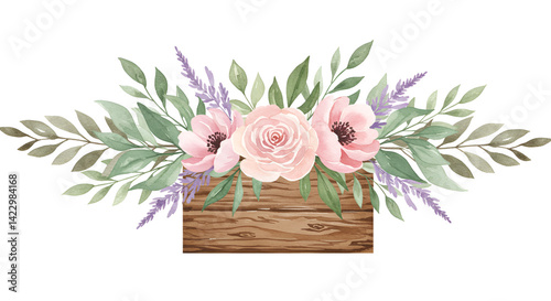 Hand drawing isolated boho watercolor floral illustration with leaves, branches, flowers, wooden box. Bohemian greenery art in vintage style. florals for wedding card,natural, watercolor, drawn, leaf.