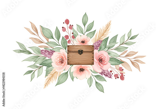 Hand drawing isolated boho watercolor floral illustration with leaves, branches, flowers, wooden box. Bohemian greenery art in vintage style. florals for wedding card,natural, watercolor, drawn, leaf.