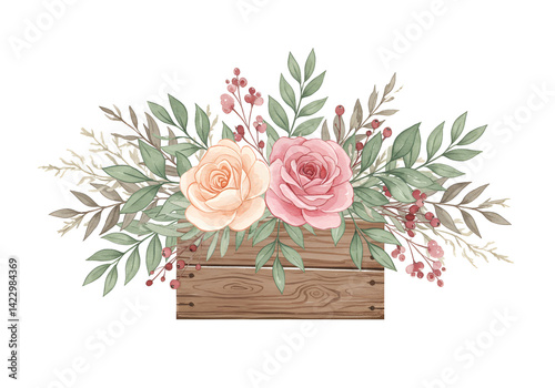 Hand drawing isolated boho watercolor floral illustration with leaves, branches, flowers, wooden box. Bohemian greenery art in vintage style. florals for wedding card,natural, watercolor, drawn, leaf.