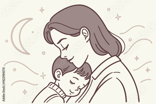 Mother Putting Child to Sleep Line Art Vector