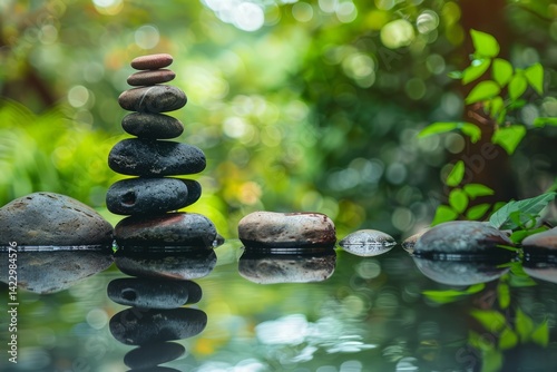 Tranquil Stacked Stones Reflecting on Calm Water in Nature Scene