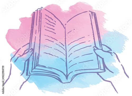 本を読んでいるシーンのイラスト。手と本。水彩風ベクターイラスト素材。