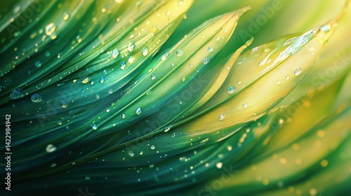 A macro shot of a vibrant green fern leaf with delicate, feather-like edges, illuminated by soft natural light to showcase its intricate texture and graceful design
