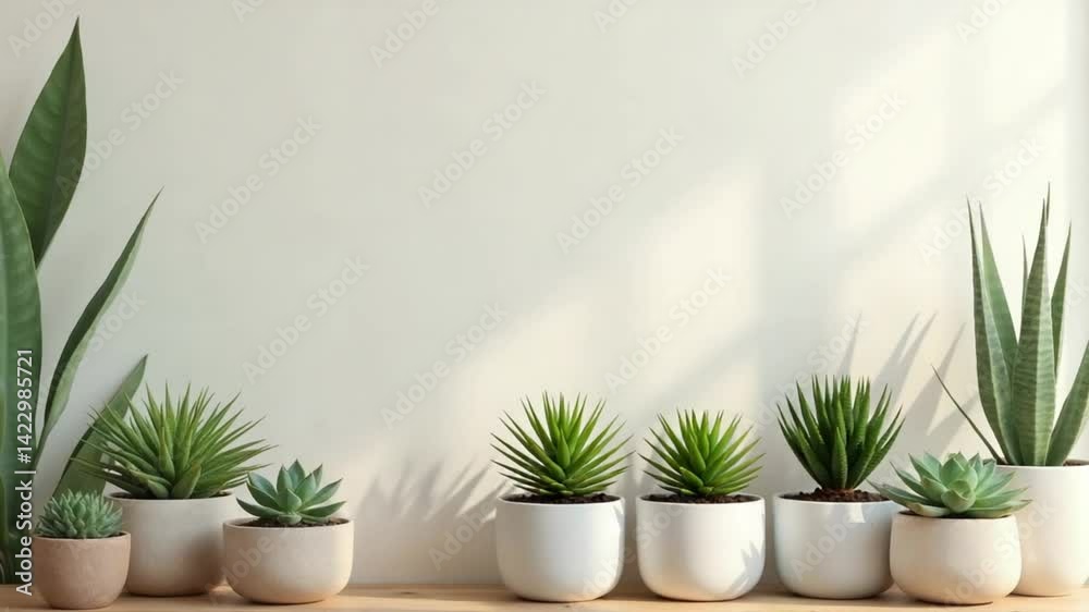 A harmonious arrangement of various potted succulents, showcasing their varied forms and textures in a minimalist indoor setting.